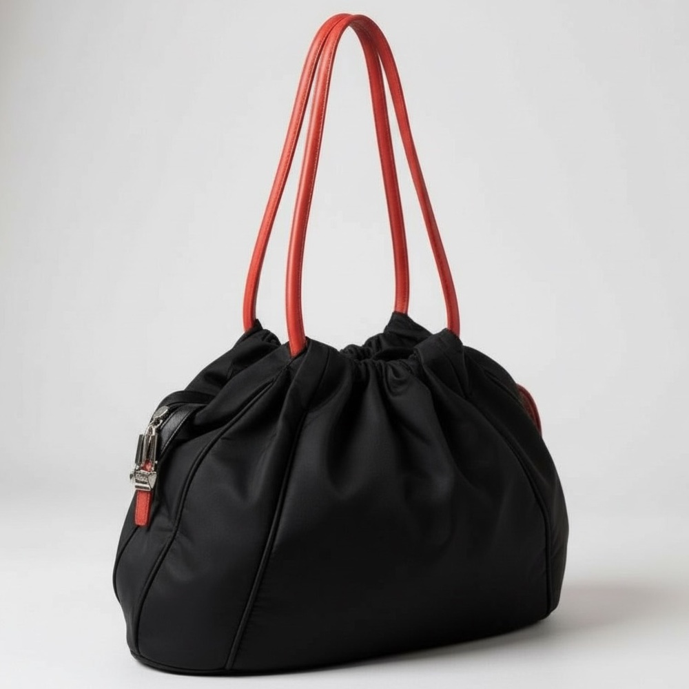 MOSCHINO Vintage 90s Nylon Leather Shoulder Bag Hobo Zipper Pocket Red Logo Tote